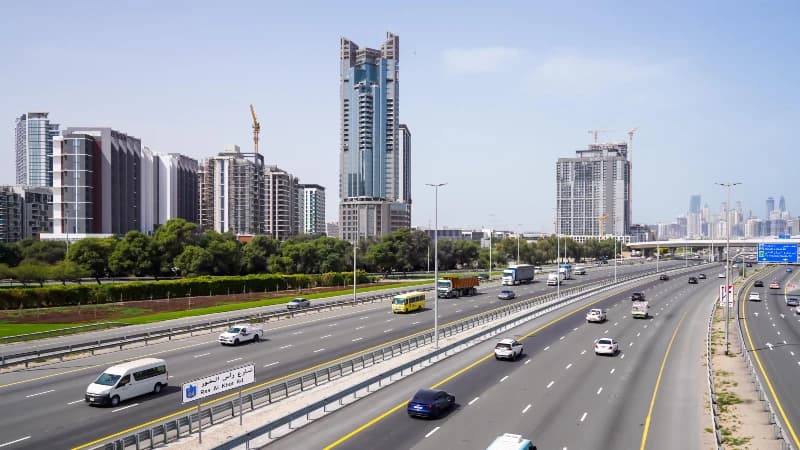 Bridge banner and unipole advertising on Ras Al Khor Road, Dubai, UAE