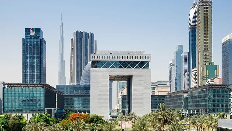 Billboard and building banner advertising in DIFC, Dubai's financial district, UAE