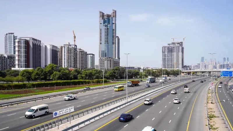 Bridge banner and unipole advertising on Ras Al Khor Road, Dubai, UAE